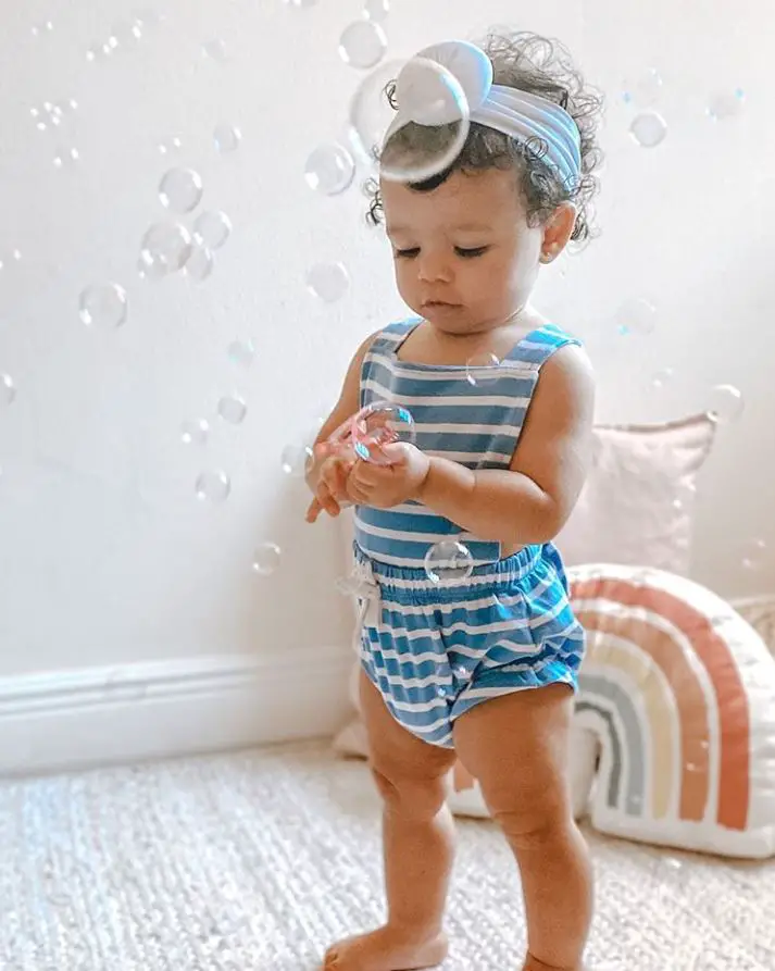 Justy BAE Striped Blue Riley Romper | Trendy Affordable Baby Girl Clothes | Kat Viana