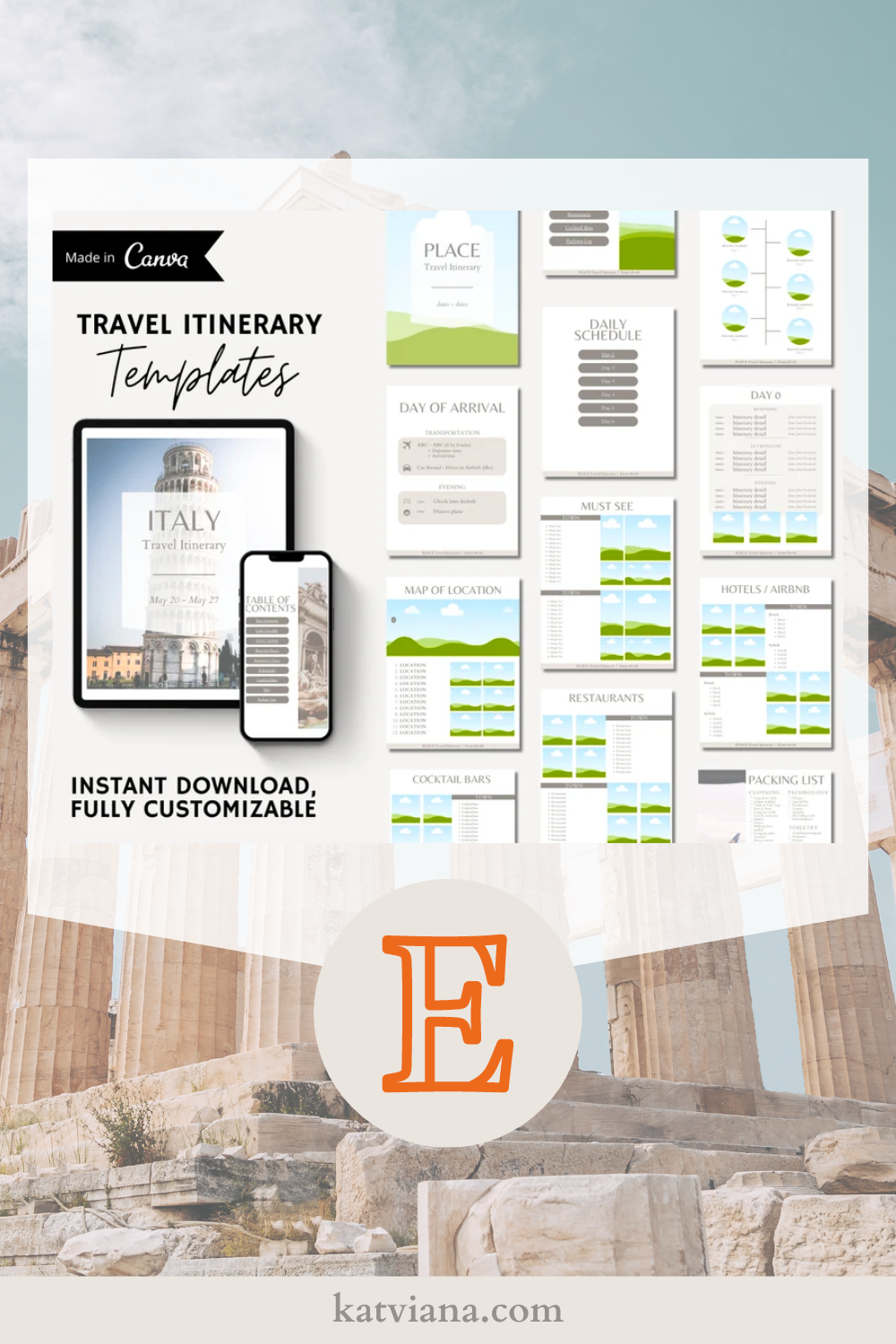 Greece 1 Week Itinerary - editable travel guide template